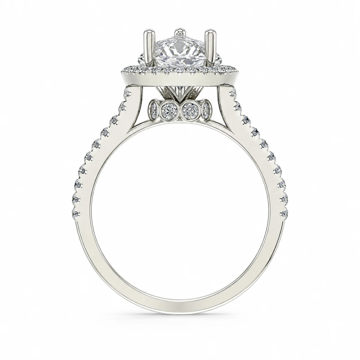 Pear Crown Halo Nişan Yüzüğü No. 08, yan profil görünüm