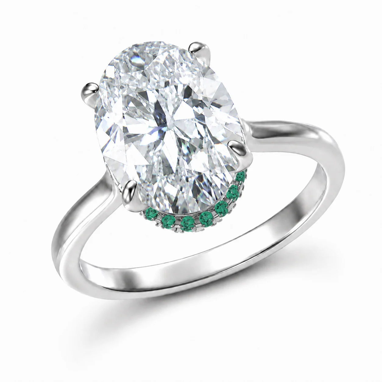 Oval Emerald Hidden Halo Nişan Yüzüğü No. 07, Doğal Zambiya Zümrüdü, açılı üç çeyrek görünüm